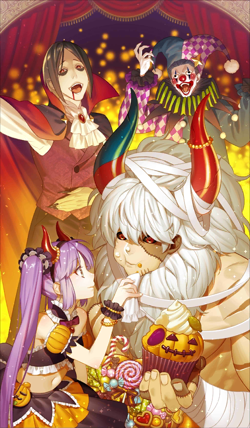 3boys asterios_(fate/grand_order) bandages bare_shoulders black_hair black_sclera blood blood_from_mouth blush cape caster_(fate/zero) clown costume couple craft_essence cupcake curtains detached_sleeves dress euryale facepaint fake_horns fate/grand_order fate/hollow_ataraxia fate/zero fate_(series) fingernails food food_on_face hairband high_collar horns kazuki_yone long_hair looking_at_viewer multiple_boys nail_polish official_art open_mouth phantom_of_the_opera_(fate/grand_order) puffy_short_sleeves puffy_sleeves purple_hair purple_nails red_eyes sharp_fingernails short_sleeves smile stage_curtains twintails vampire_costume wall-eyed white_hair