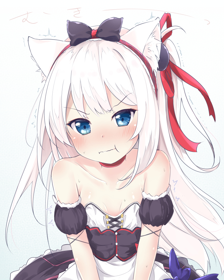 :t animal_ears apron azur_lane bangs bare_shoulders blue_eyes blush breasts cat_ears choker cleavage collarbone corset hammann_(azur_lane) long_hair looking_at_viewer maid pirason red_choker remodel_(azur_lane) small_breasts solo strapless sweat trembling upper_body v-shaped_eyebrows v_arms waist_apron wavy_mouth