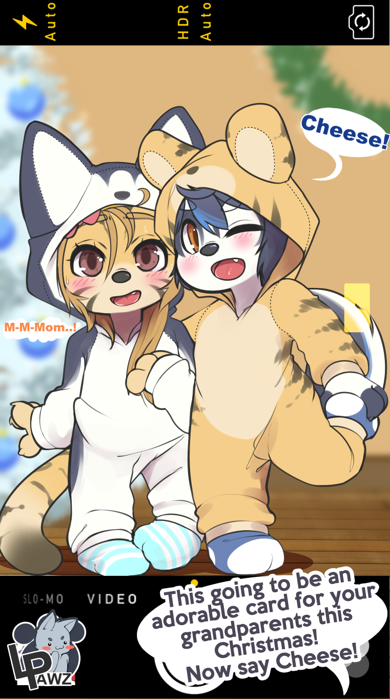 anthro blush brother brown_eyes camera_view canine cat child cub feline female kigurumi lpawz male mammal on_one_leg open_mouth photo sibling sister standing young