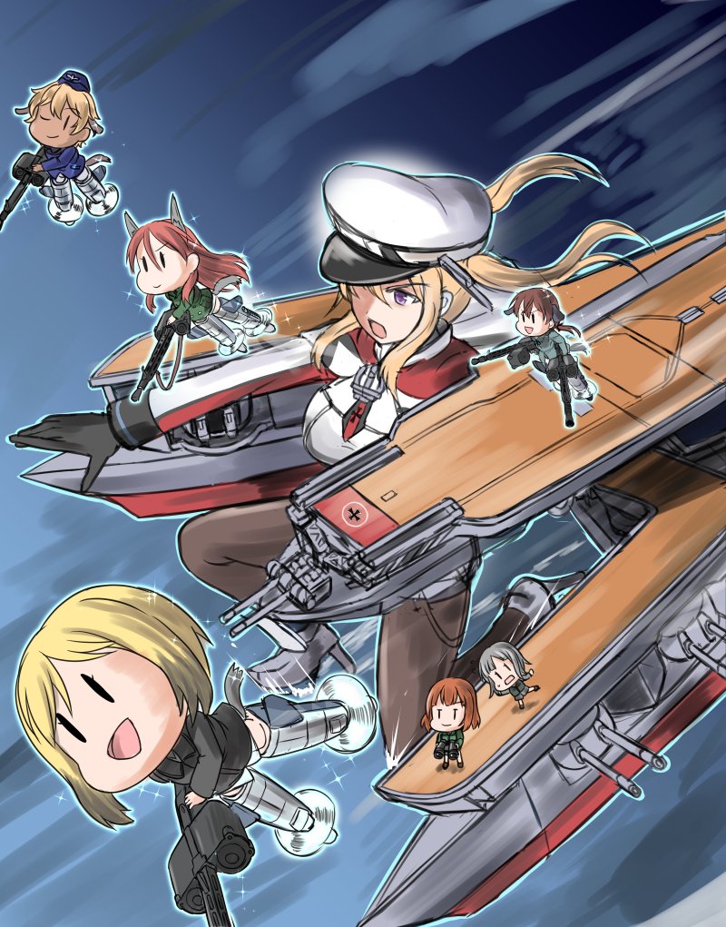 :d :o afloat animal_ears binoculars black_legwear brave_witches brown_hair capelet character_request chibi commentary_request creator_connection crossover dog_ears dog_tail dual_wielding edytha_rossmann erica_hartmann fairy_(kantai_collection) flight_deck flying from_above garrison_cap gertrud_barkhorn graf_zeppelin_(kantai_collection) gun gundula_rall hat heavy_machine_gun holding iron_cross kantai_collection kneeling light_brown_hair long_hair looking_up machine_gun machinery military military_uniform minigirl minna-dietlinde_wilcke multiple_girls necktie ocean open_mouth pantyhose peaked_cap purple_eyes short_hair silver_hair size_difference sketch smile steed_(steed_enterprise) strike_witches striker_unit tail turret twintails uniform v-shaped_eyebrows waltrud_krupinski weapon wind world_witches_series