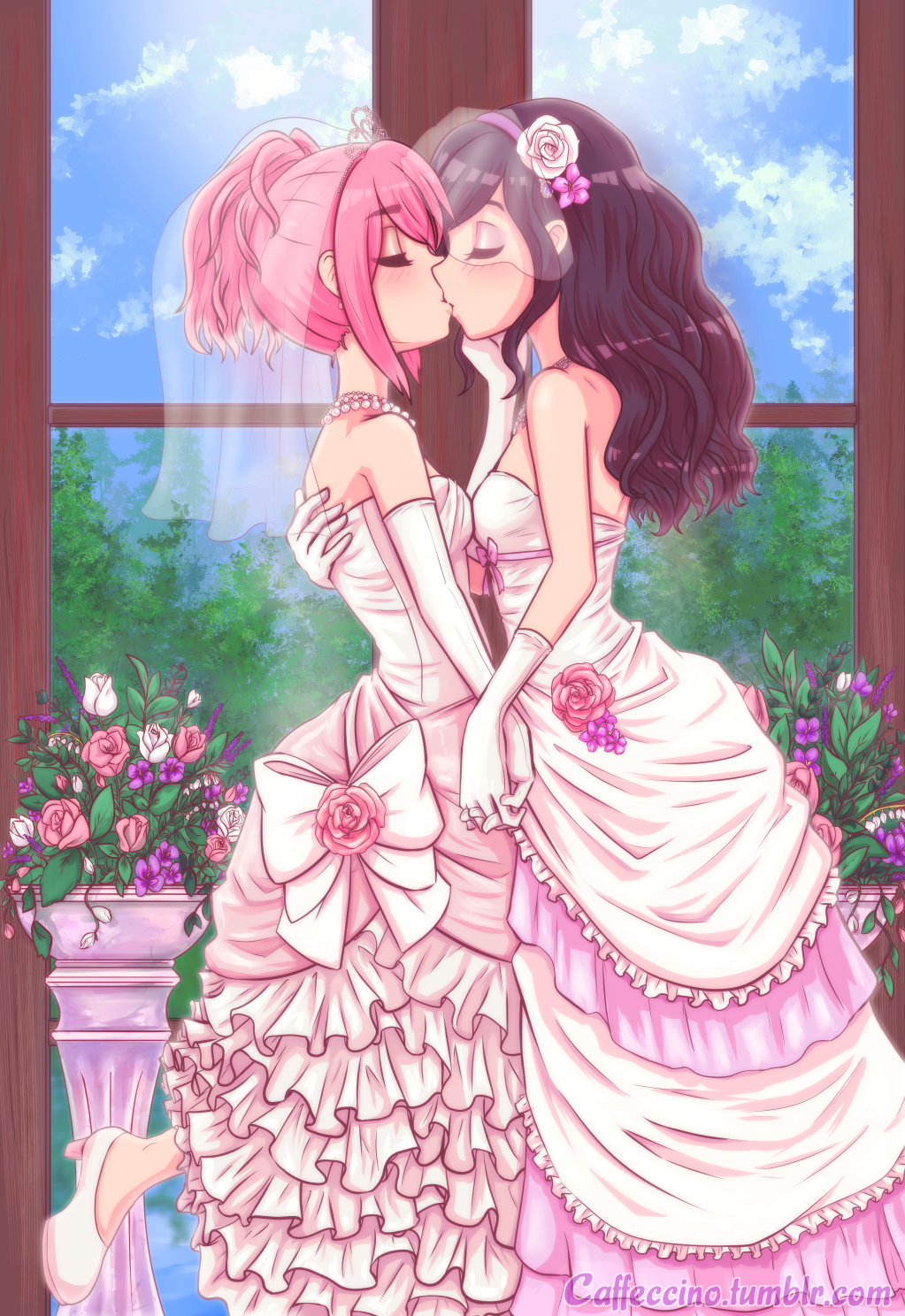 akemi_homura bare_shoulders black_hair bride caffeccino closed_eyes couple dress flower gloves hairband highres jewelry kaname_madoka kiss leg_up long_hair mahou_shoujo_madoka_magica multiple_girls pink_hair ponytail veil wedding wedding_dress wife_and_wife yuri