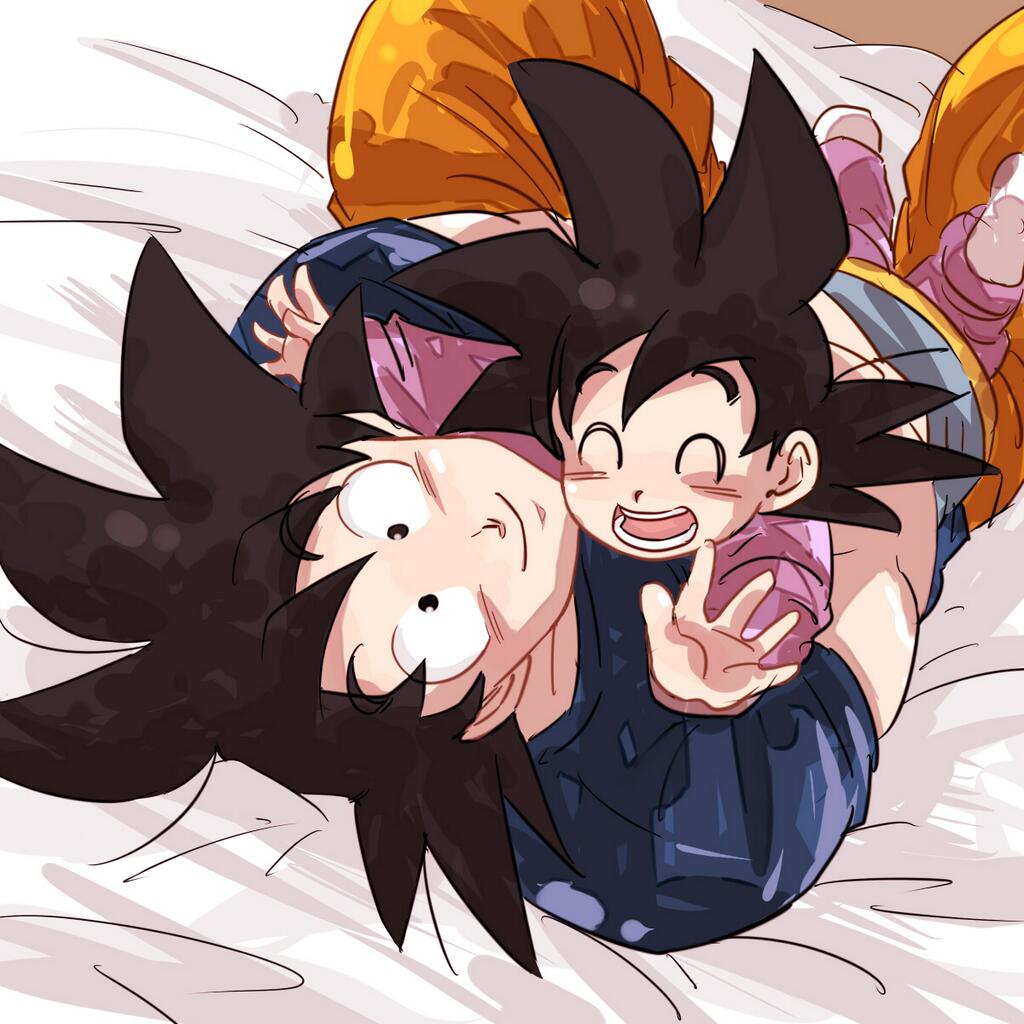 bed bed_sheet black_eyes black_hair closed_eyes dragon_ball dragon_ball_z eyebrows_visible_through_hair father_and_son happy hug looking_at_viewer lying male_focus miiko_(drops7) multiple_boys open_mouth outstretched_hand short_hair smile son_gokuu son_goten spiked_hair upside-down