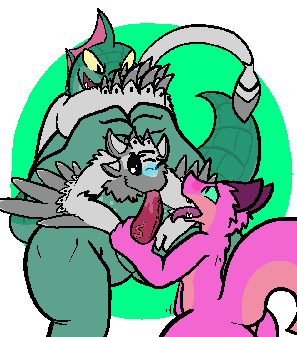 2017 aliasing anthro avali beastie_(abonshell) blue_blush blush cunnilingus erection fellatio female group group_sex kobold lizard male male/female monster nude oral oreo_(colorshy) penetration penis reptile scalie sex size_difference spaffy threesome tongue tongue_out trout_(artist) vaginal vaginal_penetration