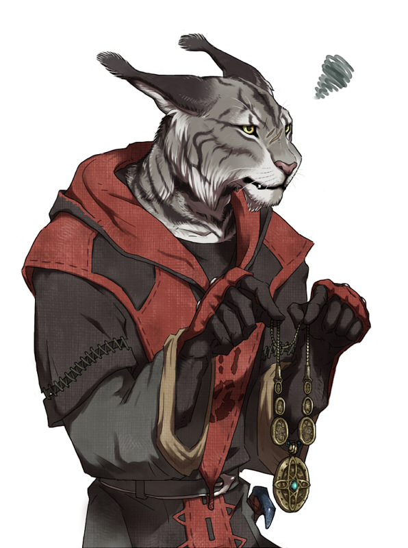 amulet_of_mara anthro black_fur clothed clothing ear_tuft feline fully_clothed fur gmork_(artist) grey_fur holding_object jewelry khajiit long_ears male mammal scar simple_background skyrim solo standing the_elder_scrolls tuft video_games white_background white_fur