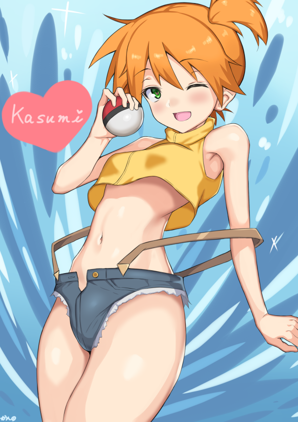 ;d bare_arms bare_shoulders blush breasts character_name check_commentary commentary_request cowboy_shot crop_top cutoffs eyebrows_visible_through_hair green_eyes heart heart-shaped_pupils holding holding_poke_ball kanno_(user_tgnd4488) kasumi_(pokemon) looking_at_viewer midriff navel one_eye_closed one_side_up open_fly open_mouth orange_hair poke_ball poke_ball_(generic) pokemon pokemon_(anime) pokemon_(classic_anime) shiny shiny_hair short_hair short_shorts shorts sleeveless small_breasts smile solo splashing standing stomach suspender_shorts suspenders suspenders_slip symbol-shaped_pupils thighs water