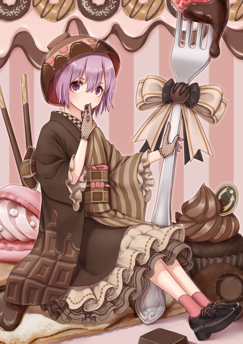 adapted_costume alternate_color black_footwear black_gloves bowl bowl_hat brown_kimono brown_ribbon chocolate chocolate_bar chocolate_drip chocolate_print commentary_request doughnut dtvisu eating fishnet_gloves fishnets food food_themed_clothes fork fruit full_body gloves hair_between_eyes hat holding holding_fork japanese_clothes kimono looking_at_viewer minigirl muffin obi pink_legwear pocky purple_eyes purple_hair ribbon sash shoes short_hair sitting socks solo strawberry sukuna_shinmyoumaru touhou wide_sleeves