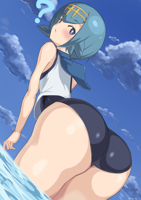 ? ass bare_arms blue_eyes blue_hair blue_sky blush cloud day from_behind kanno_(user_tgnd4488) leaning_forward looking_back one-piece_swimsuit outdoors parted_lips pokemon pokemon_(game) pokemon_sm short_hair sky solo suiren_(pokemon) sweater_vest swimsuit swimsuit_under_clothes trial_captain wading water