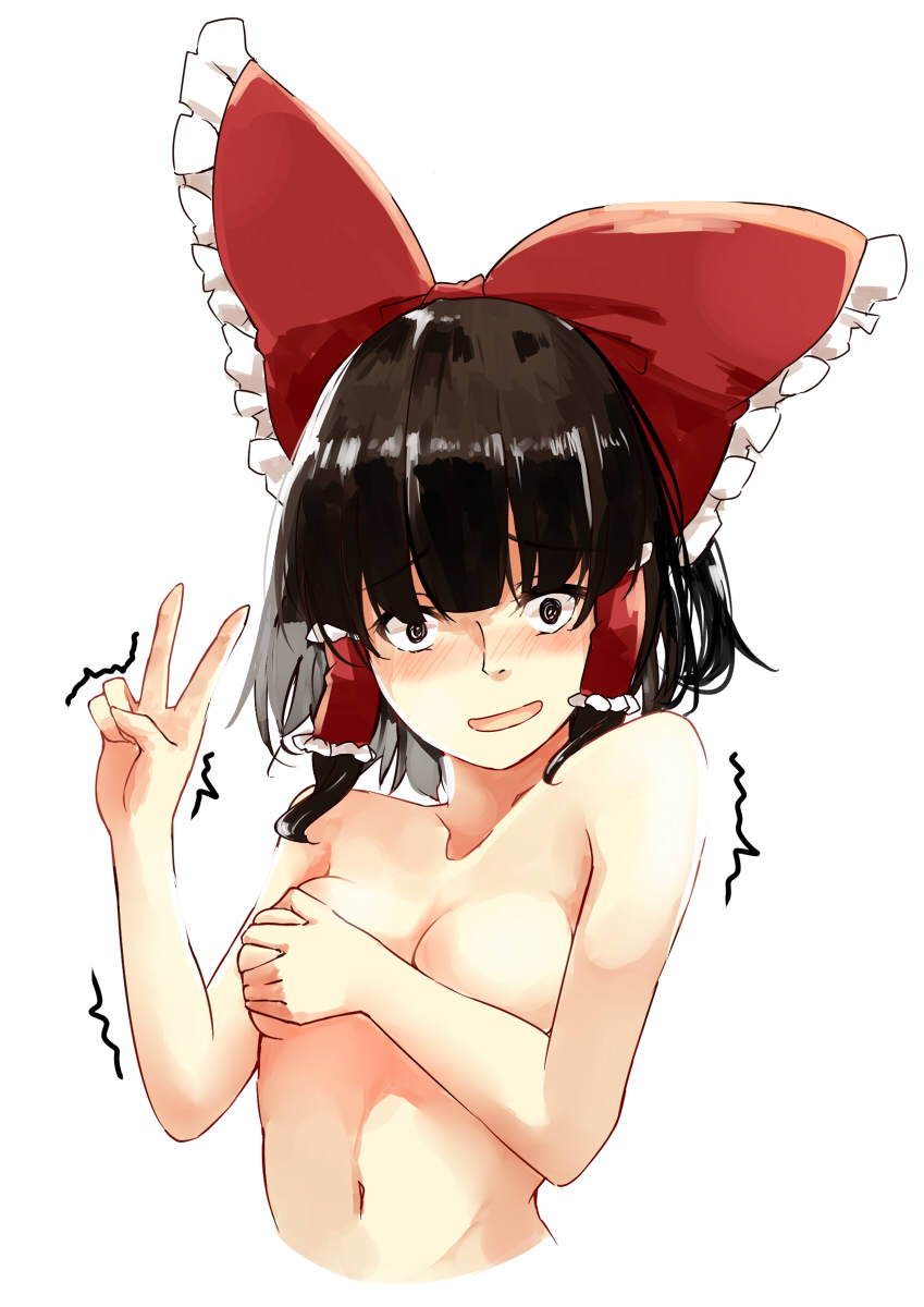 bangs black_eyes black_hair blunt_bangs blush bow breasts covering covering_breasts deetamu embarrassed hair_bow hair_tubes hakurei_reimu hand_up highres long_hair looking_at_viewer medium_breasts navel nervous_smile nude red_bow shiny shiny_hair simple_background solo touhou trembling upper_body v white_background