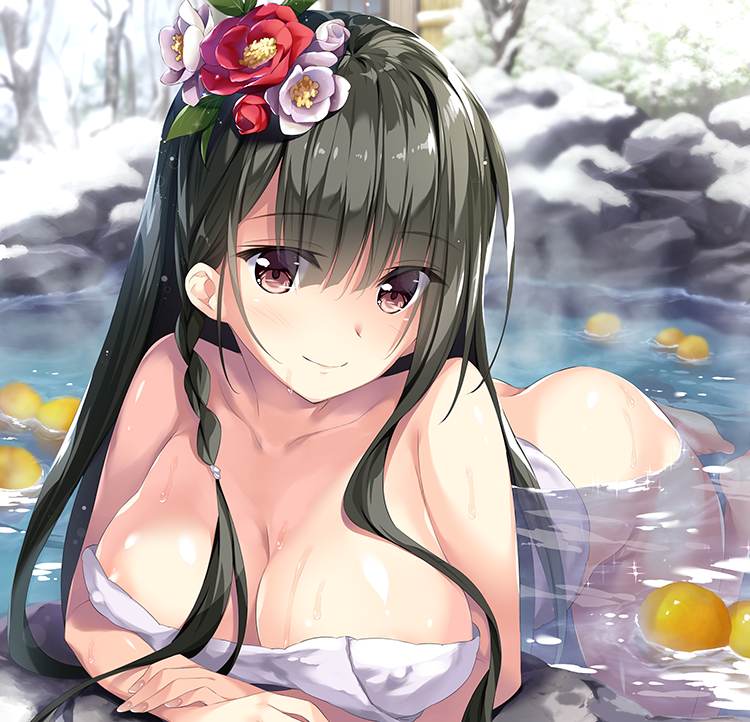 areola_slip areolae ass bangs bare_shoulders barefoot bathing black_hair braid breasts brown_eyes cleavage closed_mouth collarbone day eyebrows_visible_through_hair flower hair_flower hair_ornament kneeling large_breasts long_hair looking_at_viewer naked_towel onsen original oryou outdoors partially_submerged side_braid sidelocks smile solo steam towel wet