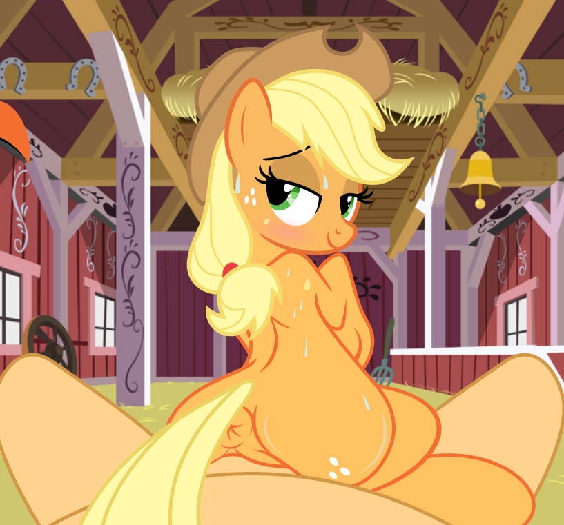 anus applejack_(mlp) bestiality blonde_hair blush butt cheesepuff equine female feral first_person_view friendship_is_magic green_eyes hair headwear horse human human_on_feral interspecies looking_back male male/female male_on_feral male_pov mammal my_little_pony nude penetration pony pussy sweat vaginal vaginal_penetration