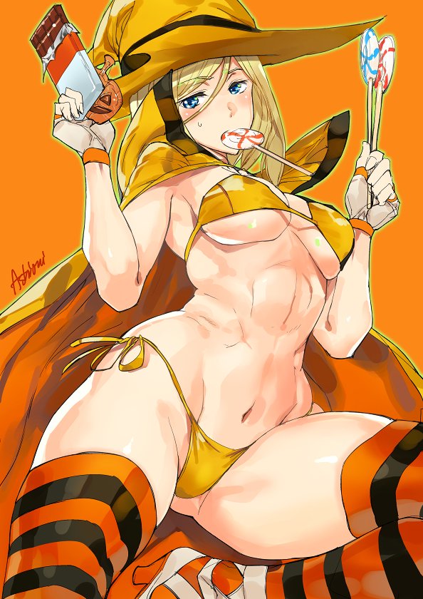 ashiomi_masato ass_visible_through_thighs bikini blue_eyes breasts candy cape chocolate_bar commentary_request food food_in_mouth guilty_gear guilty_gear_xrd hair_between_eyes halloween hat lollipop long_hair looking_at_viewer medium_breasts millia_rage navel orange_background solo striped striped_legwear sweatdrop swimsuit thighhighs underboob witch_hat yellow_bikini