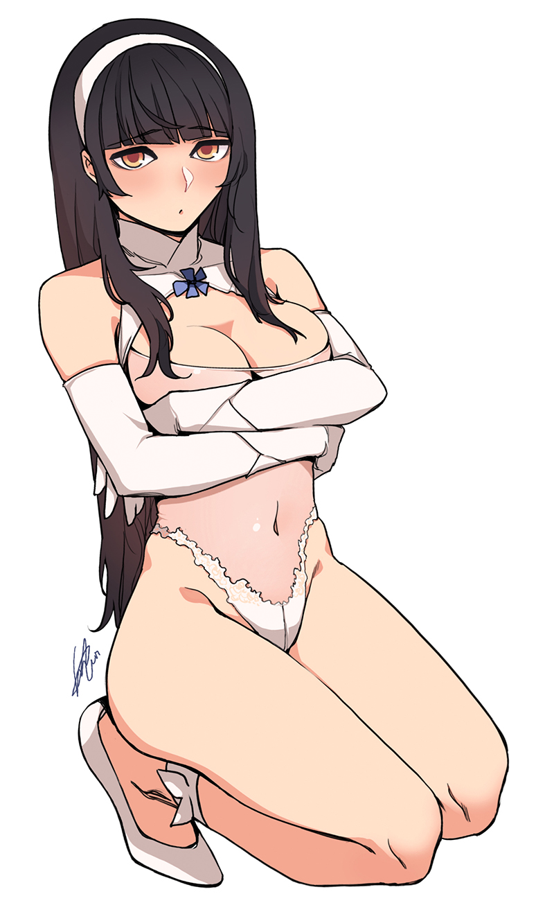 ankle_ribbon bangs black_hair blunt_bangs breasts brown_eyes casual_one-piece_swimsuit cleavage cleavage_cutout commentary_request covering covering_breasts crossed_arms elbow_gloves empty_eyes eyebrows_visible_through_hair full_body girls_frontline gloves hairband highleg highleg_swimsuit highres kneeling large_breasts long_hair navel one-piece_swimsuit qbz-95_(girls_frontline) ribbon see-through sidelocks simple_background solo sungwon swimsuit white_background white_gloves