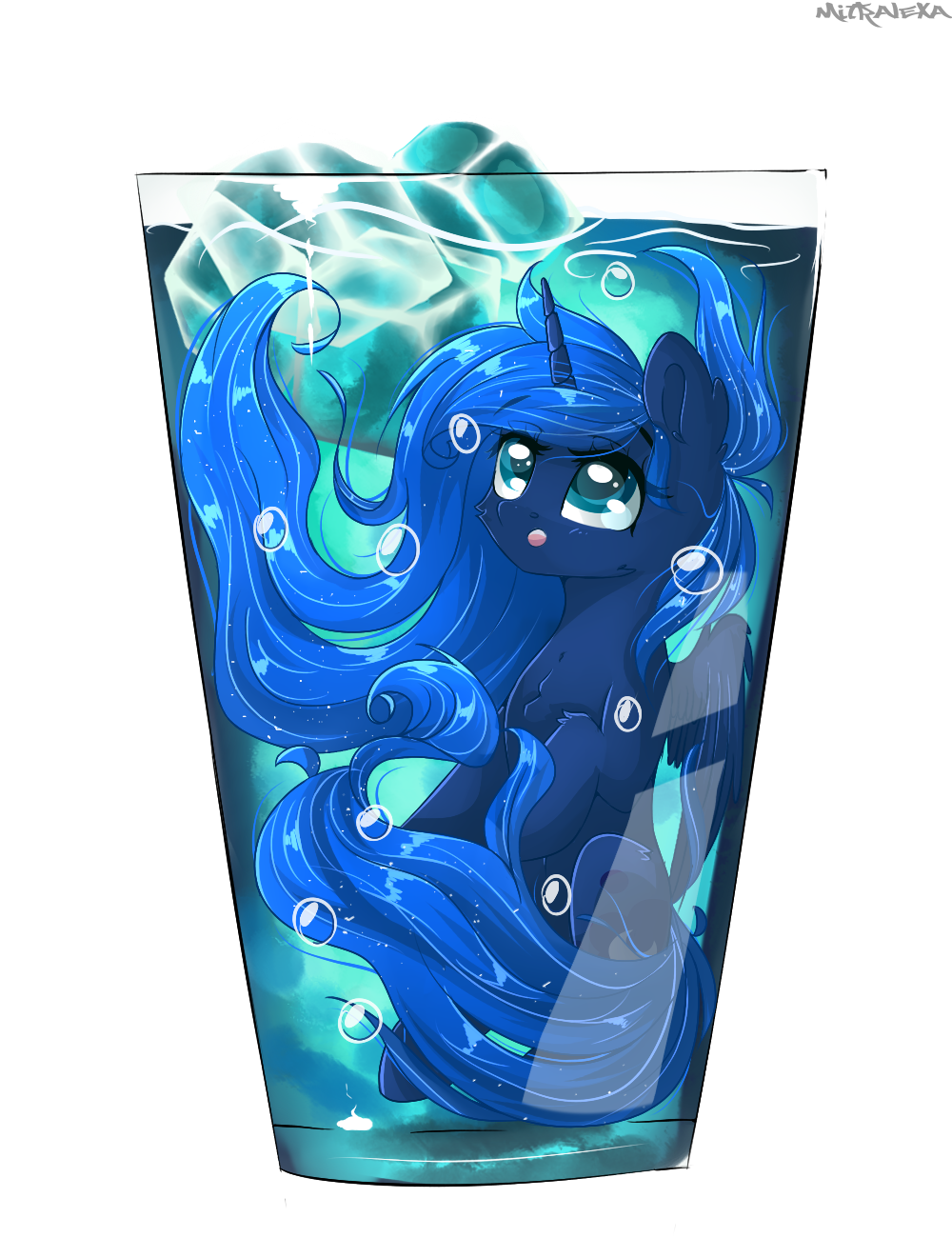 2017 alpha_channel beverage bubble cosmic_hair cup cutie_mark equine eyebrows feathered_wings feathers friendship_is_magic glass hair horn ice_cube long_hair mammal mitralexa_(alexandra) my_little_pony open_mouth princess_luna_(mlp) simple_background solo solo_focus teal_eyes transparent_background underwater water winged_unicorn wings