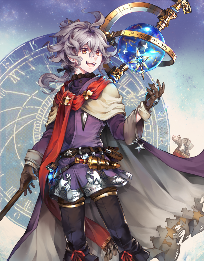 ahoge androgynous belt black_pants brown_eyes brown_gloves cape dagger gloves granblue_fantasy grey_cape grey_hair hair_between_eyes holding holding_staff johann_(granblue_fantasy) long_hair long_sleeves looking_to_the_side low_ponytail open_mouth orb pants sebychu sheath silver_hair smile staff standing star_(sky) weapon