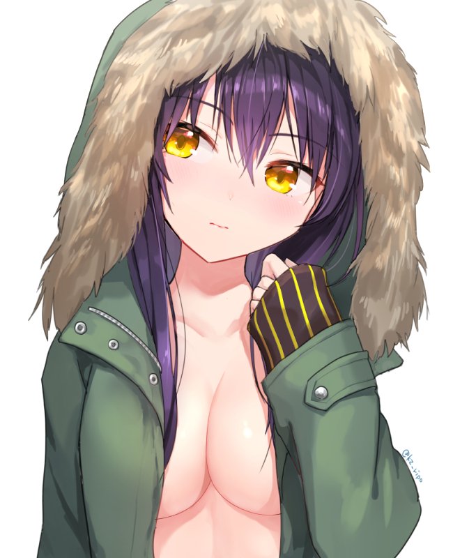 bangs blush breasts coat commentary_request eyebrows_visible_through_hair green_coat holding holding_hair hood hooded_coat kz_ripo large_breasts long_hair looking_at_viewer no_bra no_shirt original purple_hair simple_background solo twitter_username white_background yellow_eyes