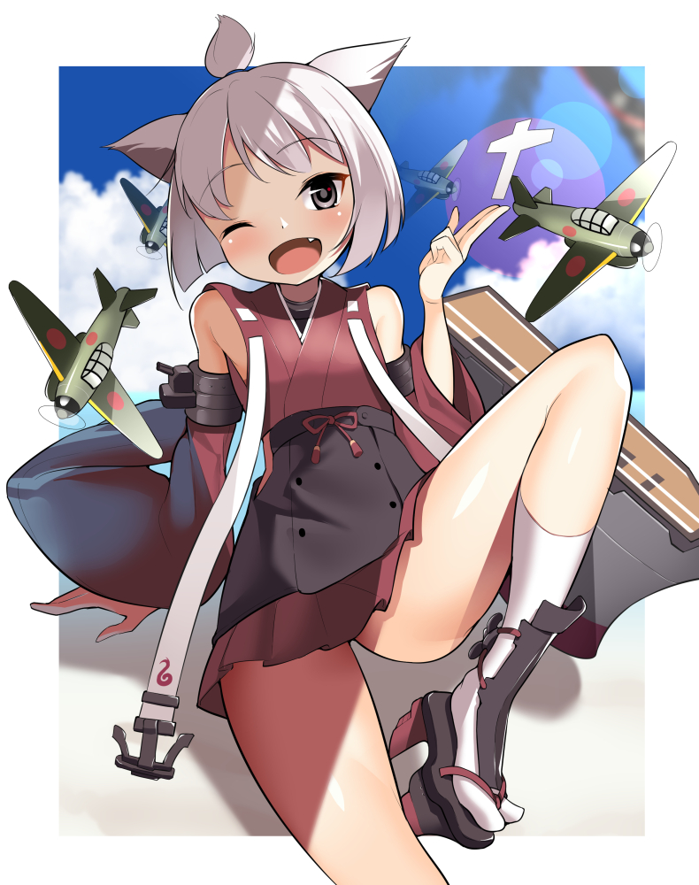 ;d aircraft airplane animal_ears arm_behind_back azur_lane bare_shoulders blue_sky blurry blush cat_ears day depth_of_field detached_sleeves dot_nose eyebrows eyebrows_visible_through_hair eyelashes fang flat_chest flight_deck geta grey_eyes haori japanese_clothes kurogoma_(haruhi3) legs_apart lens_flare long_sleeves looking_at_viewer miniskirt one_eye_closed one_side_up open_mouth outdoors palm_tree pleated_skirt red_ribbon red_skirt ribbon shikigami shiny shiny_skin short_hair shouhou_(azur_lane) sitting skirt sky smile socks solo tongue tree tsurime turret white_hair white_legwear wide_sleeves
