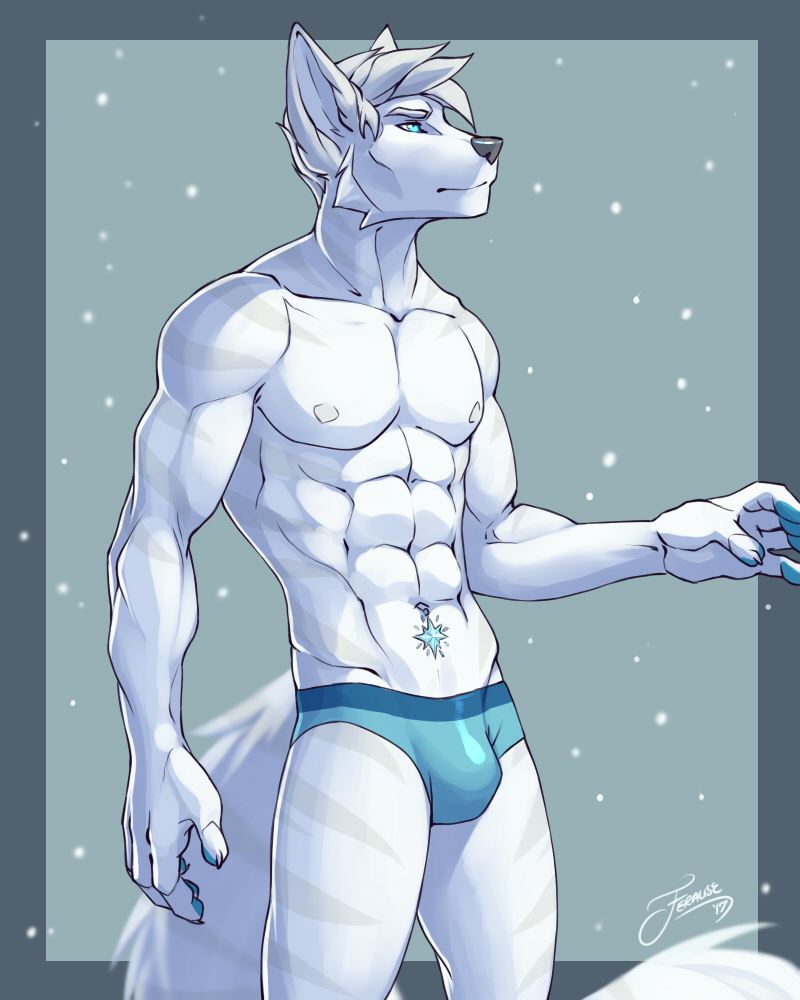 2017 5_fingers abs anthro arctic_fox black_nose blue_background blue_eyes bottomless briefs bulge canine clothed clothing eyebrows feralise fingerpads fox hair looking_aside male mammal muscular muscular_male nipples simple_background snow snowing solo speedo standing swimsuit tattoo topless underwear white_hair white_skin