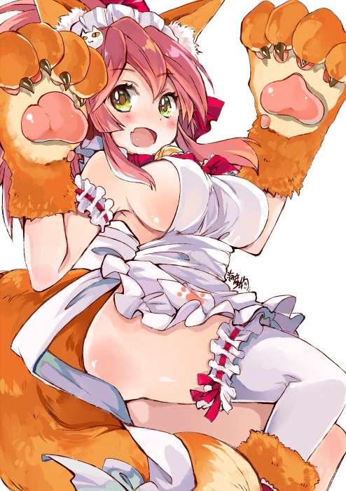 animal_ears apron ass bell bell_collar blush breasts collar convenient_censoring fate/grand_order fate_(series) fox_ears fox_tail gloves hair_ribbon kaisanbutsu large_breasts long_hair looking_at_viewer naked_apron open_mouth paw_gloves paws pink_hair ribbon sideboob solo tail tamamo_(fate)_(all) tamamo_cat_(fate) thighhighs white_background white_legwear yellow_eyes