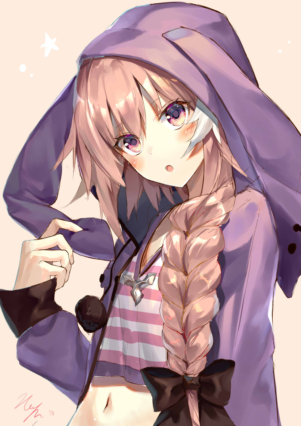 :o animal_hood artist_name astolfo_(fate) beige_background black_bow blush bow braid bunny_hood casual commentary_request crop_top fate/apocrypha fate_(series) hair_bow hair_over_shoulder hair_ribbon hand_up highres hood hood_up hoodie jewelry kouyafu long_hair looking_at_viewer male_focus navel necklace open_clothes open_hoodie open_mouth otoko_no_ko pink_hair pom_pom_(clothes) purple_eyes ribbon shiny shiny_hair shirt signature simple_background single_braid solo striped striped_shirt tress_ribbon upper_body v-neck