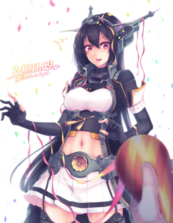 :d arm_guards bangs banned_artist belt black_coat black_gloves black_hair black_legwear blurry blush breasts coat collar confetti cowboy_shot dated depth_of_field elbow_gloves female_pov garter_straps gloves headgear kantai_collection kyara36 legs_apart long_hair looking_at_viewer medium_breasts multiple_girls mutsu_(kantai_collection) nagato_(kantai_collection) navel navel_cutout open_clothes open_coat open_mouth partly_fingerless_gloves party_popper pleated_skirt pov red_eyes short_sleeves simple_background skirt smile standing stomach tassel thighhighs twitter_username unbuttoned underbust v-shaped_eyebrows very_long_hair white_background white_skirt zettai_ryouiki