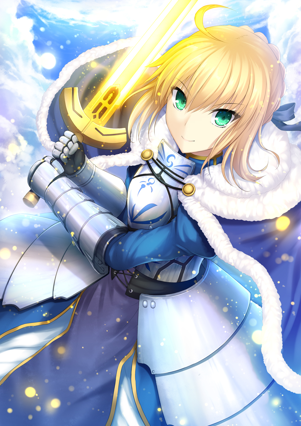 ahoge artoria_pendragon_(all) bangs blue_sky braid breastplate cloak closed_mouth cloud cloudy_sky commentary_request day eyebrows_visible_through_hair fate/stay_night fate_(series) faulds fur_trim gauntlets green_eyes hair_between_eyes highres holding holding_sword holding_weapon looking_at_viewer outdoors saber sidelocks sky smile solo sword taiki_ken weapon