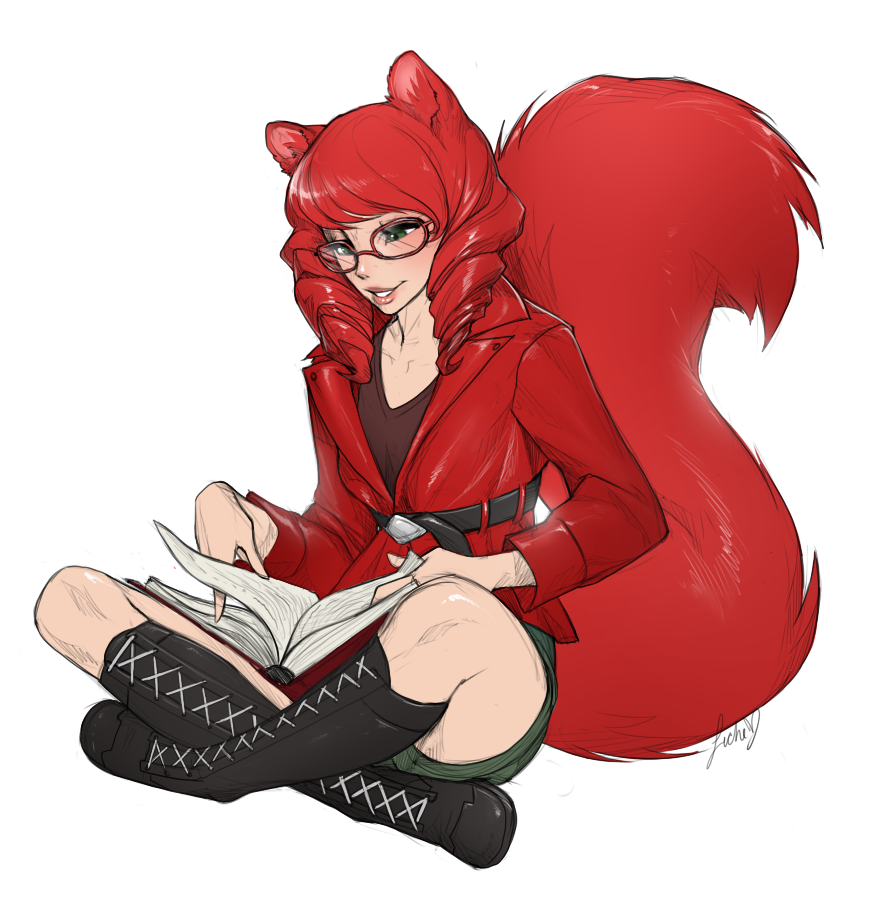 animal_humanoid belt book boots casimira_(orannis0) clothing crossed_legs eyewear female fluffy fluffy_tail footwear glasses green_eyes hair humanoid liche mammal reading red_hair rodent sitting solo squirrel_humanoid