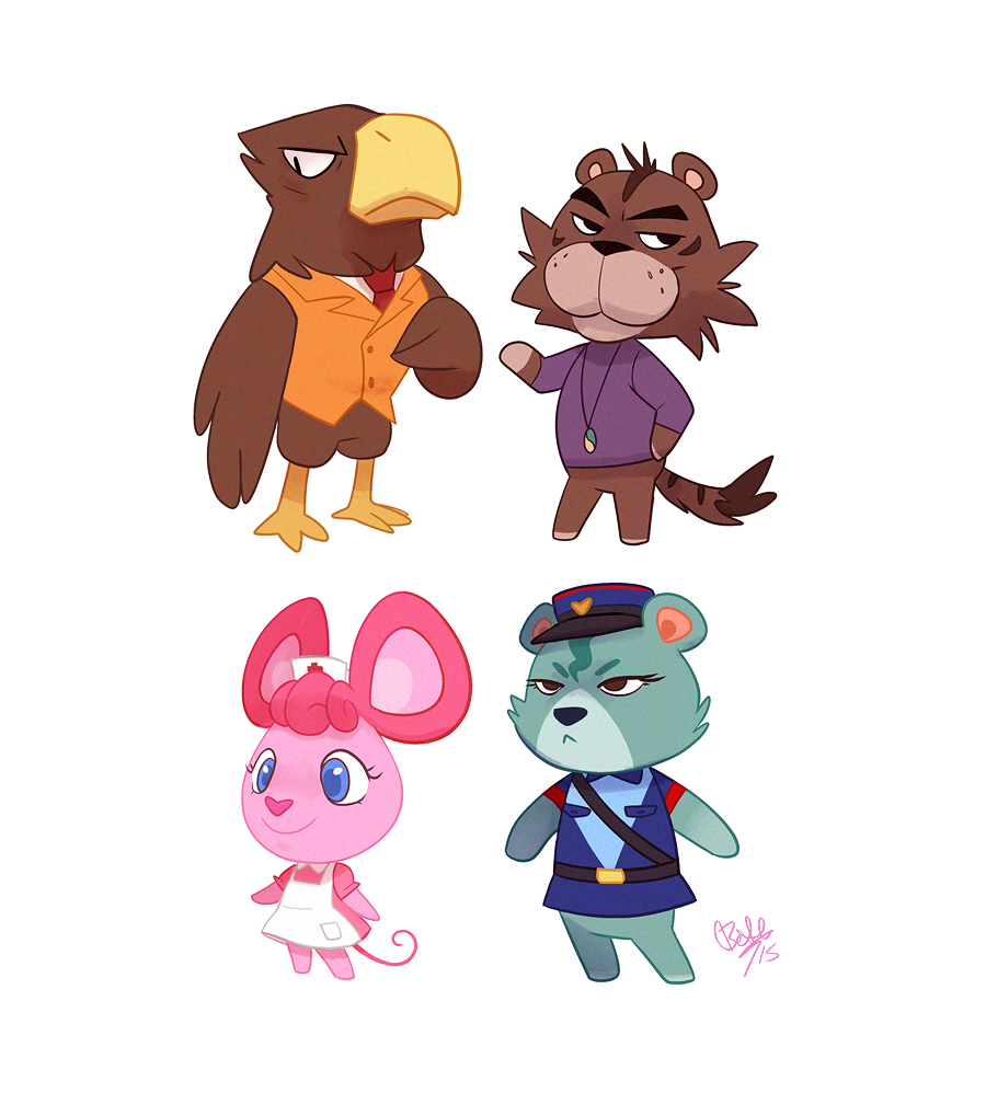 animal_crossing anthro avian beak bear bird blue_eyes blue_fur blue_hair bottomless brown_fur clothed clothing cosplay digital_media_(artwork) eagle featureless_crotch feline female fur gary_oak group hair hat jewelry male mammal mouse necklace necktie nintendo nurse_joy officer_jenny pink_fur pink_hair pok&eacute;mon rodent rollingrabbit shirt signature simple_background standing tiger uniform video_games white_background