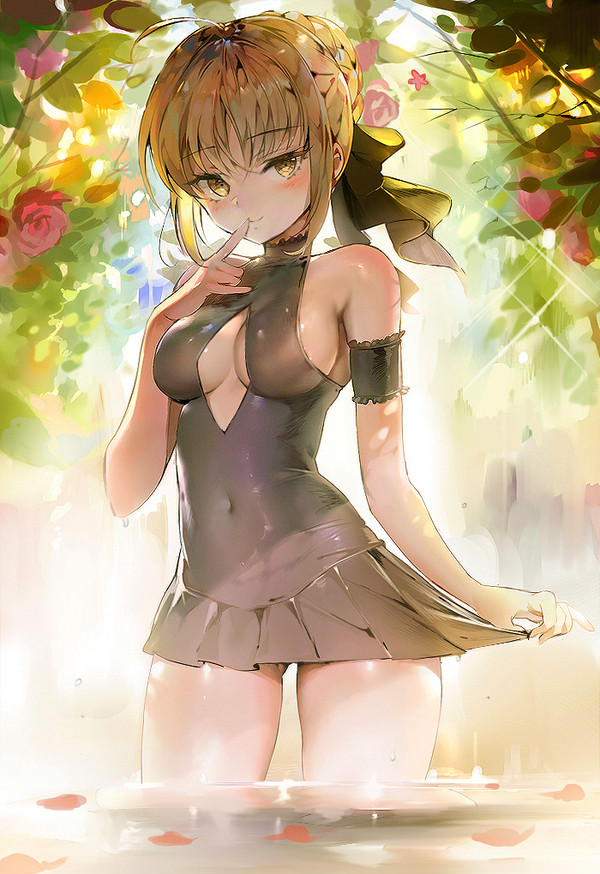 arm_at_side arm_garter artoria_pendragon_(all) ass_visible_through_thighs bad_id bad_pixiv_id bangs bare_arms bare_legs bare_shoulders black_dress black_neckwear black_ribbon blonde_hair blush braid breasts breasts_apart cleavage cleavage_cutout closed_mouth collar collarbone commentary_request covered_navel cowboy_shot dappled_sunlight day dress eyebrows_visible_through_hair eyelashes fate/stay_night fate_(series) finger_to_mouth flower forest french_braid frilled_collar frills hair_between_eyes hair_ornament hair_ribbon half-closed_eyes hand_up index_finger_raised looking_at_viewer medium_breasts nature outdoors pinky_out plant raichi_(user_gwvk5732) red_flower red_rose ribbon rose saber_alter shade shiny shiny_skin short_hair sidelocks skin_tight skirt_hold sleeveless sleeveless_dress smile solo standing sunlight tree tree_shade turtleneck wading water yellow_eyes