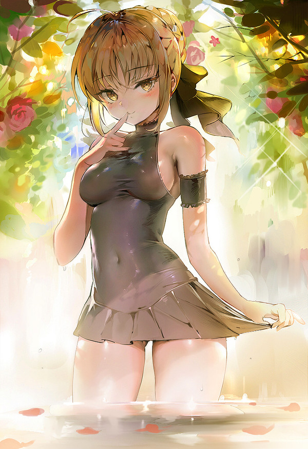 arm_at_side arm_garter artoria_pendragon_(all) ass_visible_through_thighs bad_id bad_pixiv_id bangs bare_arms bare_legs bare_shoulders black_dress black_neckwear black_ribbon blonde_hair blush braid breasts closed_mouth collar collarbone commentary_request covered_navel cowboy_shot dappled_sunlight day dress eyebrows_visible_through_hair eyelashes fate/stay_night fate_(series) finger_to_mouth flower forest french_braid frilled_collar frills hair_between_eyes hair_ornament hair_ribbon half-closed_eyes hand_up index_finger_raised looking_at_viewer medium_breasts nature outdoors pinky_out plant raichi_(user_gwvk5732) red_flower red_rose ribbon rose saber_alter shade shiny shiny_skin short_hair sidelocks skin_tight skirt_hold sleeveless sleeveless_dress smile solo standing sunlight tree tree_shade turtleneck wading water yellow_eyes