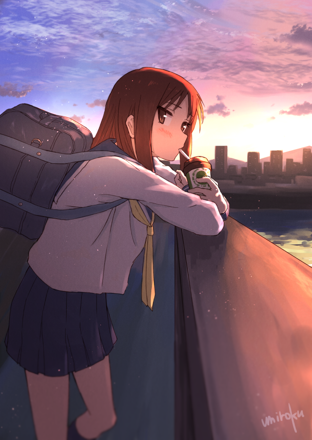 artist_name bag blush brown_eyes brown_hair building cloud cloudy_sky coffee_cup commentary_request cup disposable_cup drinking drinking_straw kneehighs looking_at_viewer looking_to_the_side medium_hair okano_kei pleated_skirt school_bag school_uniform school_uniform_(yuyushiki) serafuku signature skirt sky solo standing sunset umiroku yellow_neckwear yuyushiki
