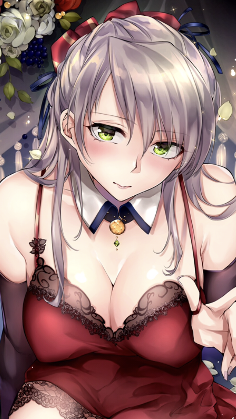 bangs bare_shoulders blush breasts cleavage detached_collar detached_sleeves dress green_eyes highres jpeg_artifacts lace_trim looking_at_viewer medium_breasts nightgown no_bra original petals pink_lips platinum_blonde_hair red_dress reflective_eyes sample sitting skindentation smile solo spaghetti_strap sparkle strap_pull swept_bangs thighs yukibuster_z