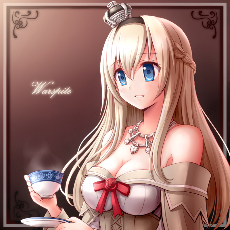 blue_eyes braid breasts brown_background character_name cleavage commentary_request corset crown cup dress flower french_braid hairband jewelry kantai_collection light_brown_hair long_hair long_sleeves md5_mismatch medium_breasts mini_crown necklace off-shoulder_dress off_shoulder parted_lips red_flower red_ribbon red_rose revision ribbon rizuriri rose saucer smile solo steam teacup upper_body warspite_(kantai_collection) white_dress
