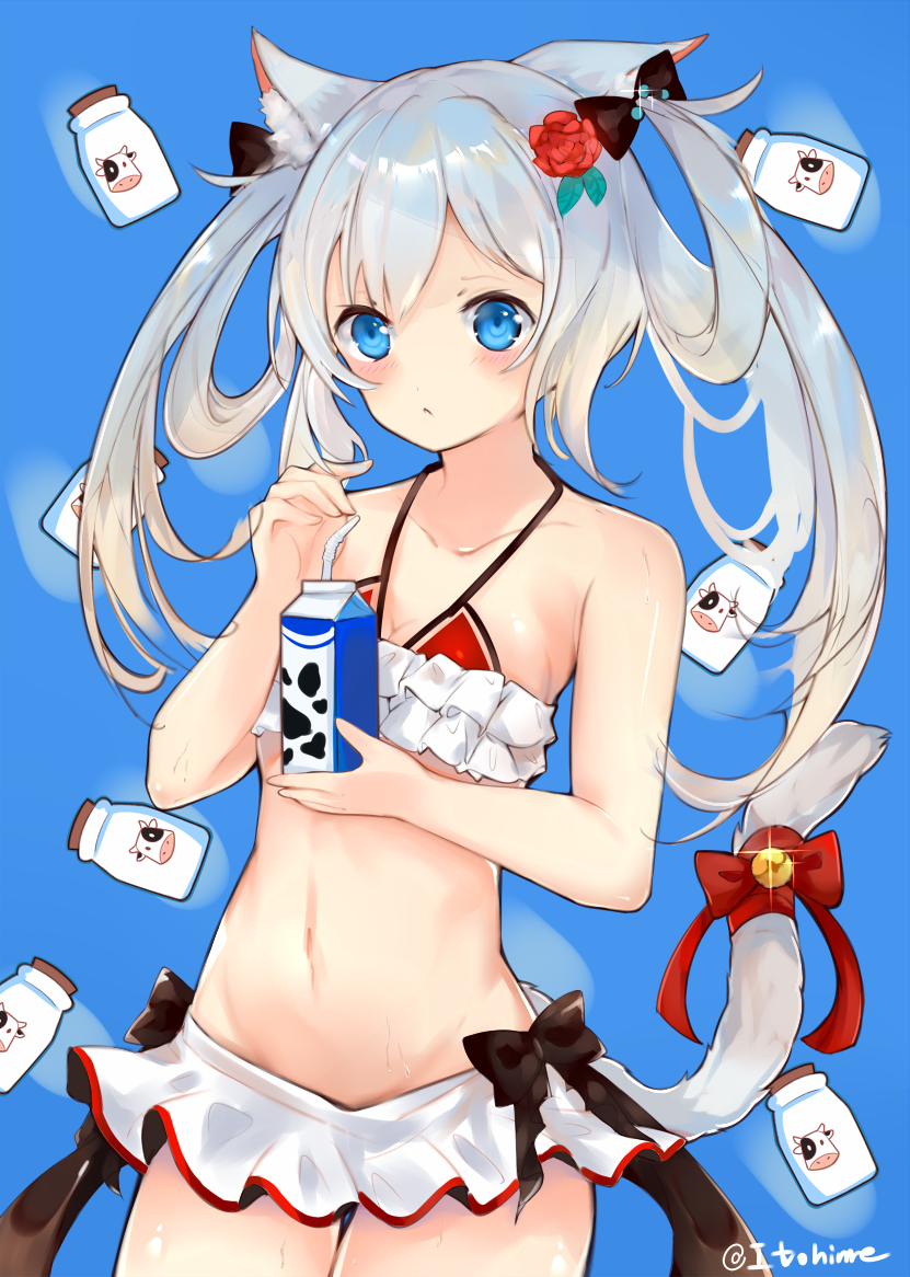 :&lt; animal_ears azur_lane bell bikini_skirt blue_eyes bottle breasts cat_ears cat_tail cleavage collarbone commentary_request cow drinking_straw flower frilled_skirt frills hair_flower hair_ornament hammann_(azur_lane) holding itohime long_hair looking_at_viewer milk_bottle milk_carton navel red_flower red_rose ribbon rose silver_hair skirt small_breasts solo tail tail_bell tail_ribbon twintails