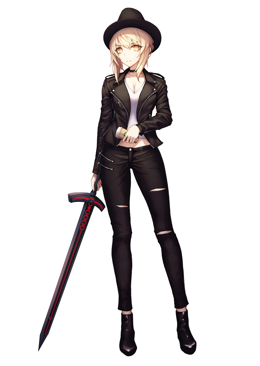 ankle_boots artoria_pendragon_(all) black_choker black_footwear black_hat black_jacket black_neckwear black_pants blonde_hair boots breasts choker cleavage closed_mouth collarbone contrapposto cup dark_excalibur disposable_cup expressionless fate/grand_order fate_(series) full_body hat holding holding_cup holding_sword holding_weapon inho_song jacket legs_apart long_sleeves looking_at_viewer medium_breasts open_clothes open_jacket pants saber_alter shirt short_hair simple_background solo standing sword torn_clothes torn_pants unsheathed weapon white_background white_shirt yellow_eyes zipper