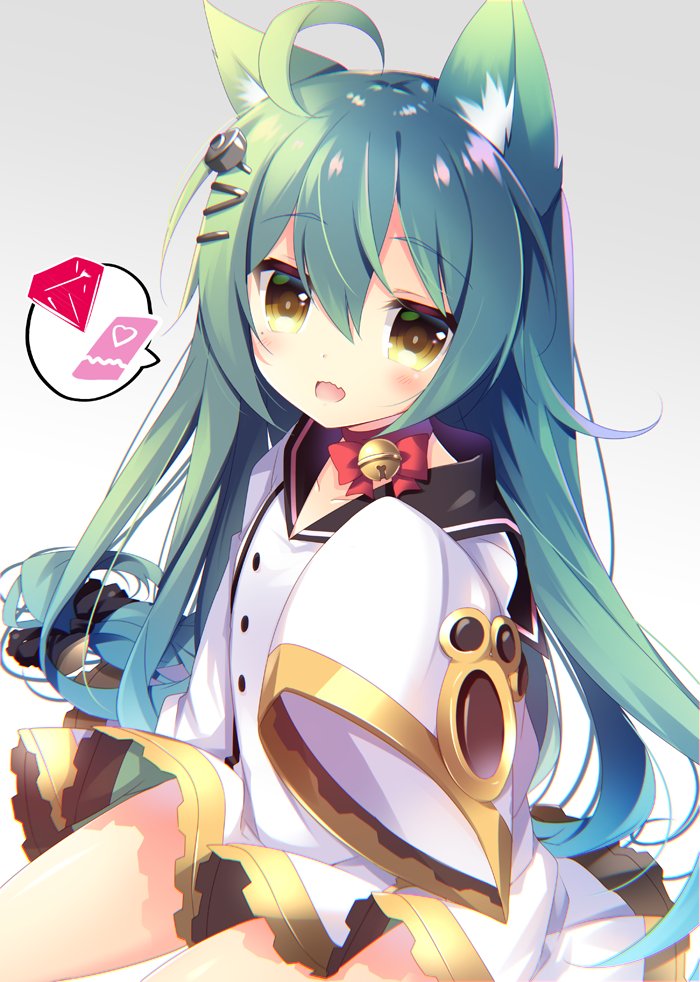 :d ahoge akashi_(azur_lane) animal_ears azur_lane bangs bell bell_choker blunt_bangs blush bow buttons cat_ears choker collarbone commentary_request cowboy_shot diamond dress eyebrows_visible_through_hair fang gradient gradient_background green_hair hair_between_eyes hair_bow hair_ornament hairclip hand_up head_tilt jingle_bell long_hair long_sleeves looking_at_viewer mole mole_under_eye nanamomo_rio open_mouth red_choker ribbon_choker sailor_dress shiny shiny_hair sidelocks simple_background sitting sleeves_past_wrists smile solo speech_bubble spoken_object very_long_hair white_dress wide_sleeves yellow_eyes