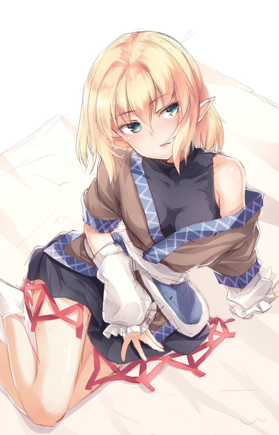 arm_support arm_warmers bangs black_skirt blonde_hair blush breasts commentary_request green_eyes highres looking_at_viewer medium_breasts mizuhashi_parsee off_shoulder parted_lips pointy_ears short_hair sitting skirt solo touhou undershirt usotsuki_penta yokozuwari