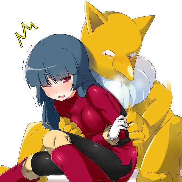 ;d black_legwear blue_hair blush breast_grab breasts gen_1_pokemon gloves grabbing groping gym_leader heavy_breathing hizuki_akira hypno jpeg_artifacts looking_at_viewer natsume_(pokemon) nose one_eye_closed open_mouth pantyhose pervert pokemon pokemon_(creature) pokemon_(game) pokemon_rgby red_eyes simple_background sitting smile sweatdrop tears tickling white_background white_gloves