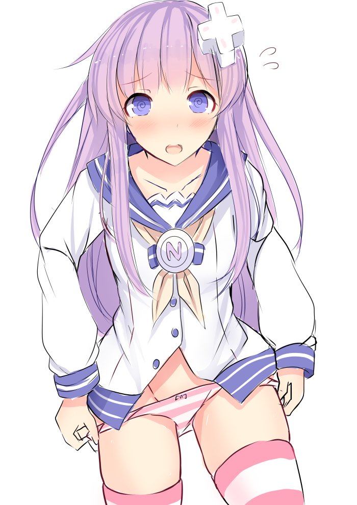 adjusting_clothes d-pad d-pad_hair_ornament daiaru dressing hair_ornament long_hair looking_at_viewer nepgear neptune_(series) open_mouth panties panty_pull purple_eyes purple_hair solo striped striped_legwear striped_panties underwear