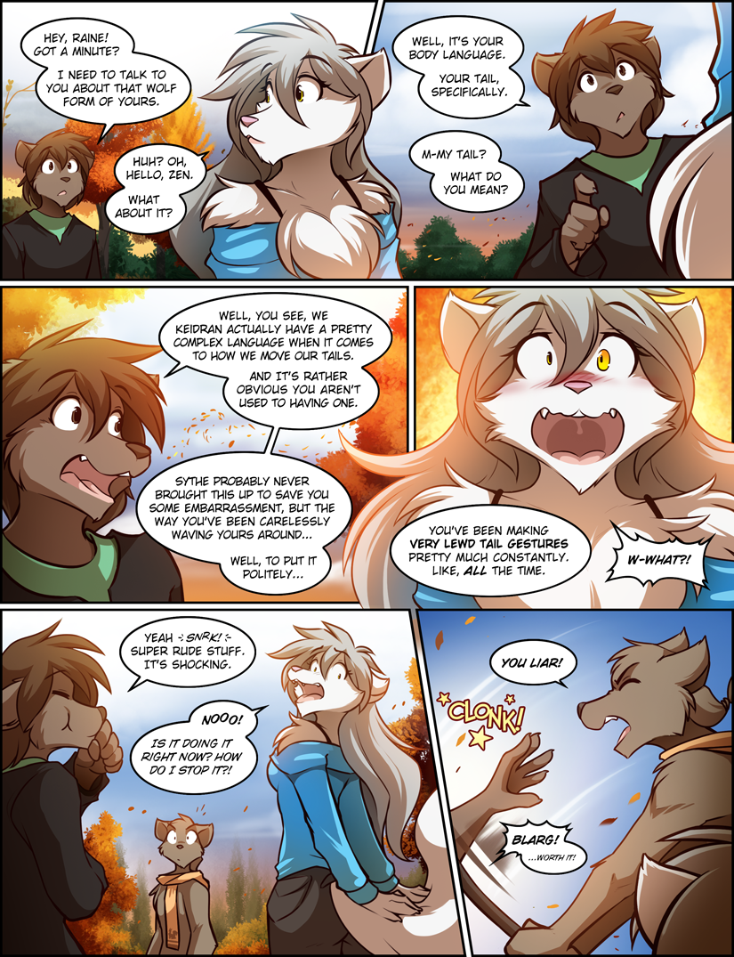 2017 angry anthro attack autumn blush brown_eyes brown_fur brown_hair canine chest_tuft clothed clothing comic detailed_background dialogue ears_back embarrassed english_text eyes_closed female fur grey_hair group hair hitting humor keidran laugh male mammal open_mouth outside raine_(twokinds) scarf shocked sythe_(twokinds) text tom_fischbach topless tree tuft twokinds webcomic white_fur wolf yelling yellow_eyes zen_(twokinds)