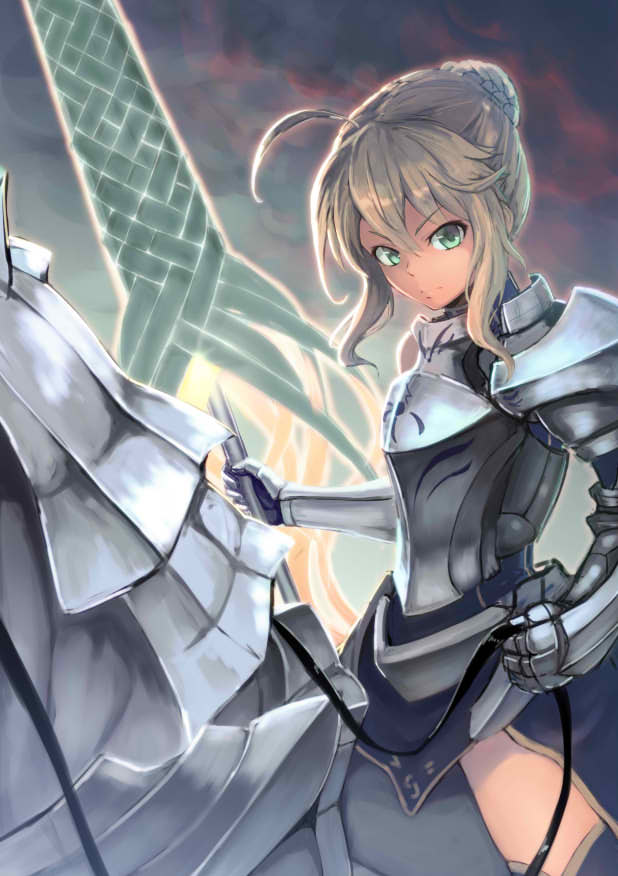 &gt;:( ahoge armor artoria_pendragon_(all) artoria_pendragon_(lancer) blonde_hair cape closed_mouth commentary dun_stallion fate/grand_order fate_(series) fur_trim gauntlets green_eyes hair_between_eyes holding holding_weapon looking_at_viewer rhongomyniad ryuinu sidelocks solo v-shaped_eyebrows weapon