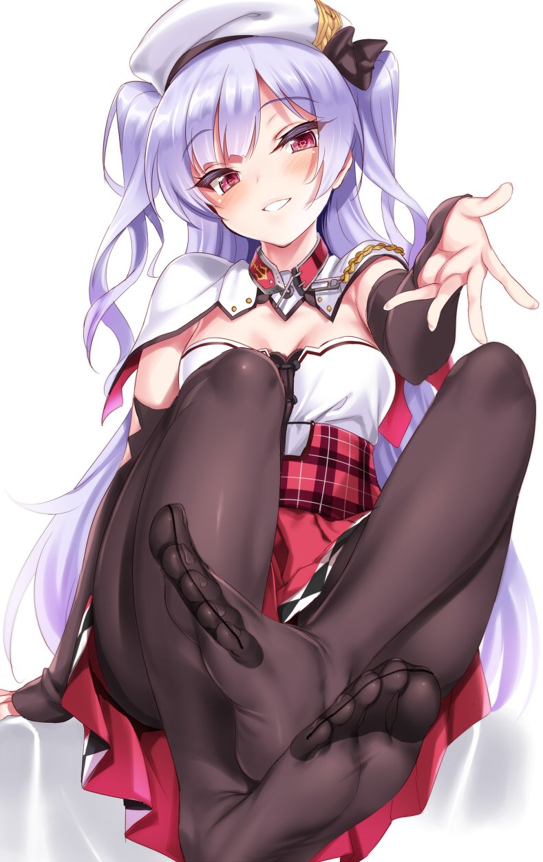 aiguillette ajax_(azur_lane) argyle_cutout arm_support arm_warmers azur_lane black_legwear blush breasts capelet collar eyebrows_visible_through_hair feet feet_together foreshortening hat hat_ribbon head_tilt heart heart-shaped_pupils high-waist_skirt highres kure_masahiro lavender_hair long_hair looking_at_viewer medium_breasts metal_collar no_shoes outstretched_arm outstretched_hand pantyhose parted_lips plaid reaching reaching_out red_eyes red_skirt remodel_(azur_lane) ribbon shirt silver_hair sitting skirt sleeveless smile soles solo strapless symbol-shaped_pupils two_side_up very_long_hair white_capelet white_hat white_shirt