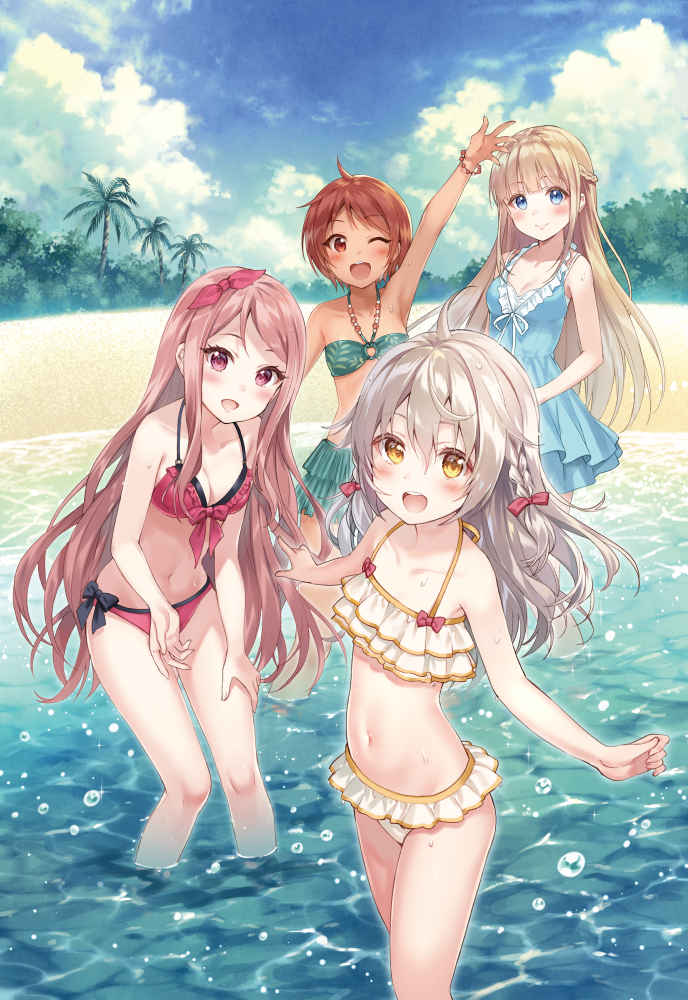 :d ;d arm_up armpits bandeau bangs bare_legs beach bikini bikini_skirt black_bow blonde_hair blue_dress blue_eyes blue_hair blue_sky blue_swimsuit blunt_bangs blush bow braid breasts brown_hair casual_one-piece_swimsuit cleavage cloud cloudy_sky collarbone commentary_request cover_image dark_skin day dress eyebrows_visible_through_hair ferris_(jussai_no_saikyou_madoushi) frilled_bikini frilled_bikini_top frilled_dress frills front-tie_bikini front-tie_top fukahire_(ruinon) green_bikini hair_bow hair_ribbon halterneck jussai_no_saikyou_madoushi leaning_forward long_hair medium_breasts multiple_girls navel one-piece_swimsuit one_eye_closed open_mouth outdoors palm_tree pink_eyes pink_hair red_bikini red_eyes red_ribbon ribbon round_teeth shore short_hair side-tie_bikini sidelocks sky sleeveless sleeveless_dress small_breasts smile splashing standing stomach sundress swimsuit tareme teeth tree twin_braids very_long_hair wading water water_drop waving wet wet_hair white_bikini yellow_eyes