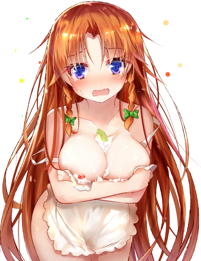 apron bangs blue_eyes blush bow braid breast_hold breasts cleavage collarbone commentary_request cowboy_shot cream crossed_arms efe eyebrows_visible_through_hair food fruit green_bow hair_bow hong_meiling large_breasts leaning_forward long_hair naked_apron open_mouth parted_bangs red_hair solo strap_gap strap_slip strawberry sweat tears touhou twin_braids very_long_hair wavy_mouth white_background