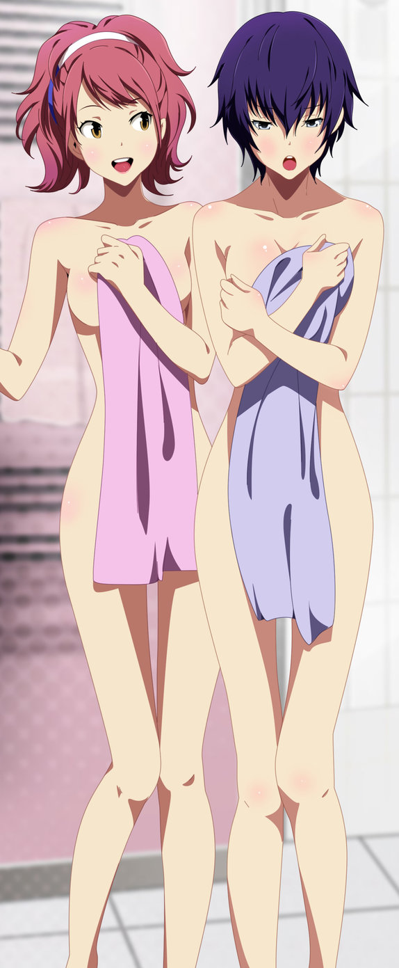 :d :o blue_eyes blue_hair blush breasts brown_eyes cleavage collarbone colorized covering embarrassed eyebrows_visible_through_hair hairband highres holding holding_towel iitheluciferii kujikawa_rise looking_at_viewer medium_breasts multiple_girls non-web_source nude nude_cover open_mouth persona persona_4 red_hair round_teeth shirogane_naoto smile standing tareme teeth thigh_gap towel tsurime