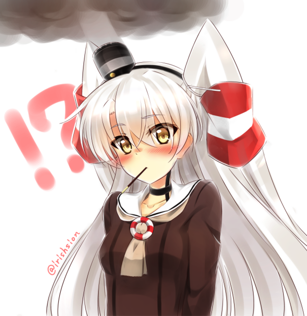 1girl amatsukaze_(kantai_collection) bangs black_choker black_neckwear blush breasts brown_dress choker collarbone commentary_request dress eyebrows_visible_through_hair food food_in_mouth hair_between_eyes hair_tubes hat head_tilt kantai_collection lifebuoy long_hair looking_at_viewer mini_hat mouth_hold murasame_shia pocky pocky_day sailor_dress silver_hair simple_background small_breasts smoke smokestack solo two_side_up very_long_hair white_background windsock yellow_eyes