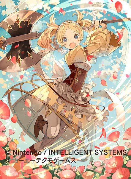 apron axe bangs battle_axe blonde_hair blue_eyes boots breasts cloud commentary_request company_connection copyright_name day dress eyebrows_visible_through_hair fire_emblem fire_emblem:_kakusei fire_emblem_cipher fire_emblem_musou flower holding holding_weapon juliet_sleeves knee_boots leg_up liz_(fire_emblem) long_sleeves looking_at_viewer medium_breasts official_art outdoors pantyhose petals puffy_sleeves sky smile solo tobi_(kotetsu) twintails weapon wide_sleeves