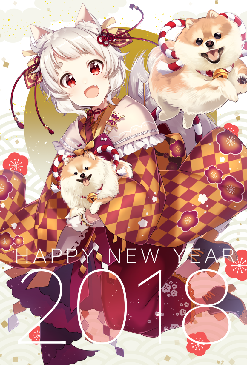 2018 :d animal_ears bad_id bad_pixiv_id bangs bell blunt_bangs chinese_zodiac dog dog_ears dog_tail english eyebrows_visible_through_hair fang gloves happy_new_year highres ichiren_namiro japanese_clothes jingle_bell kimono long_sleeves looking_at_viewer nengajou new_year open_mouth red_eyes short_eyebrows short_hair silver_hair smile tail thick_eyebrows white_gloves year_of_the_dog
