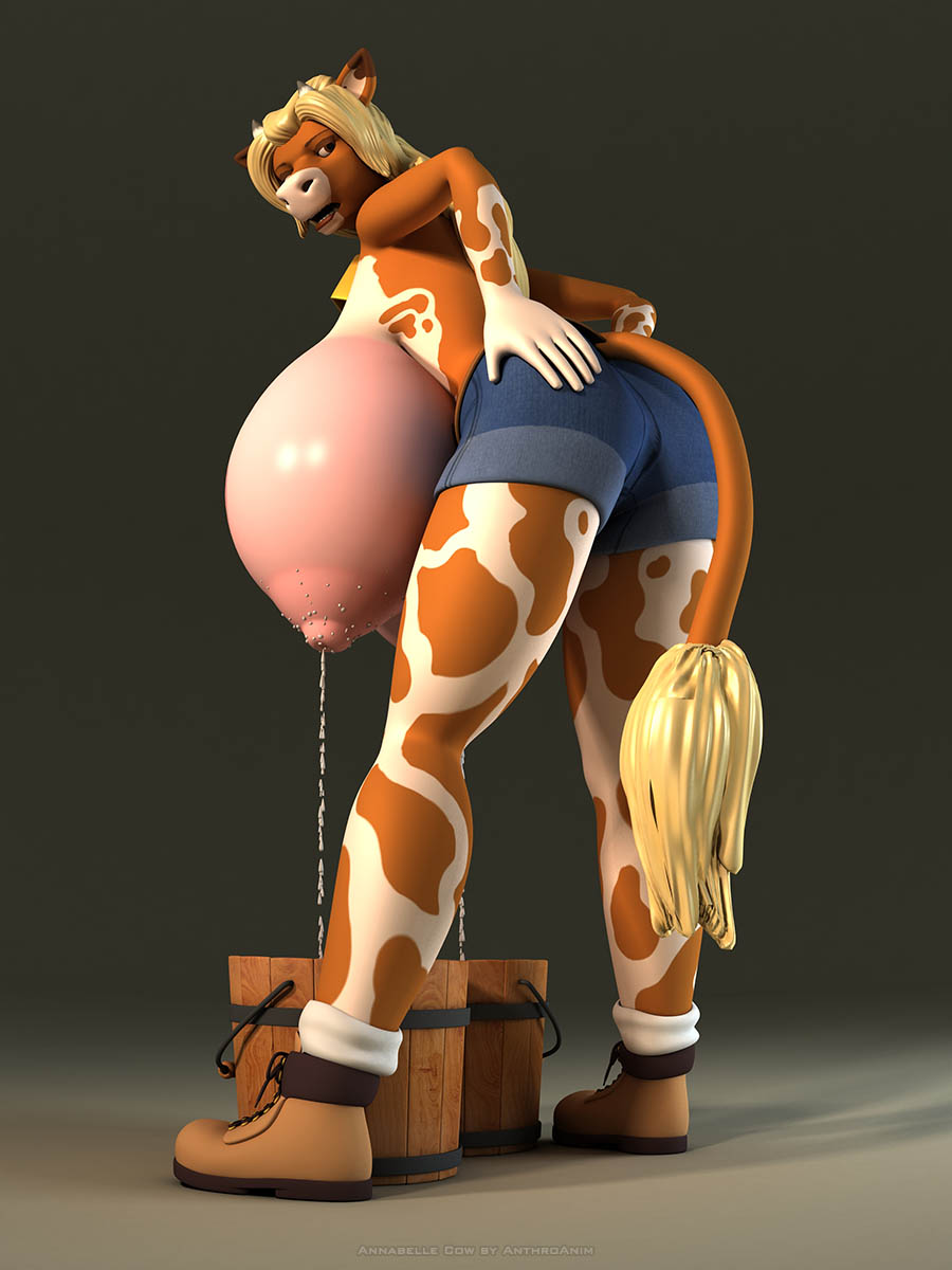 3d_(artwork) annabelle_cow annoyed anthro anthroanim big_breasts blonde_hair bovine breasts bucket cattle clothed clothing digital_media_(artwork) female fur hair horn huge_breasts hyper lactating looking_at_viewer mammal milk nipples open_mouth simple_background solo standing