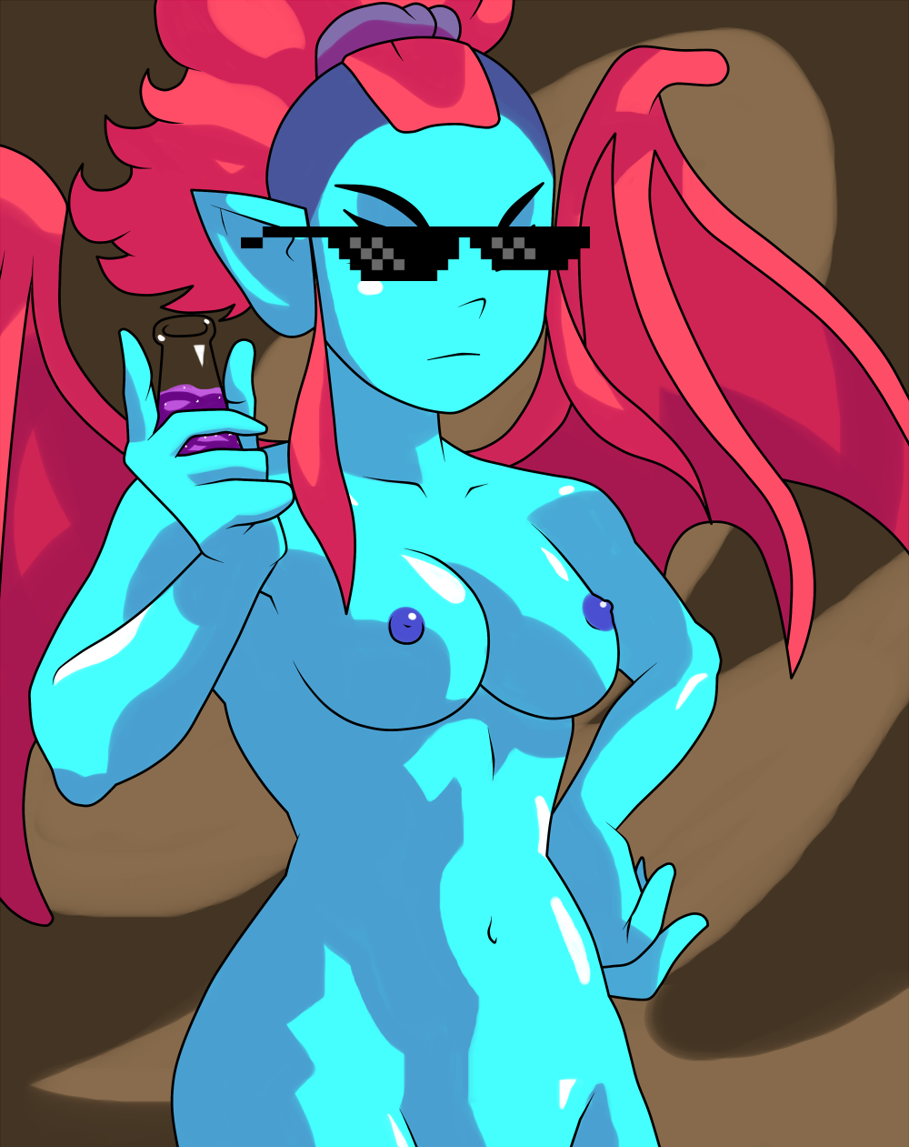 blue_skin breasts crypt_of_the_necrodancer eyewear female humanoid navel nipples not_furry potion solo sunglasses vampire video_games warioeag wings