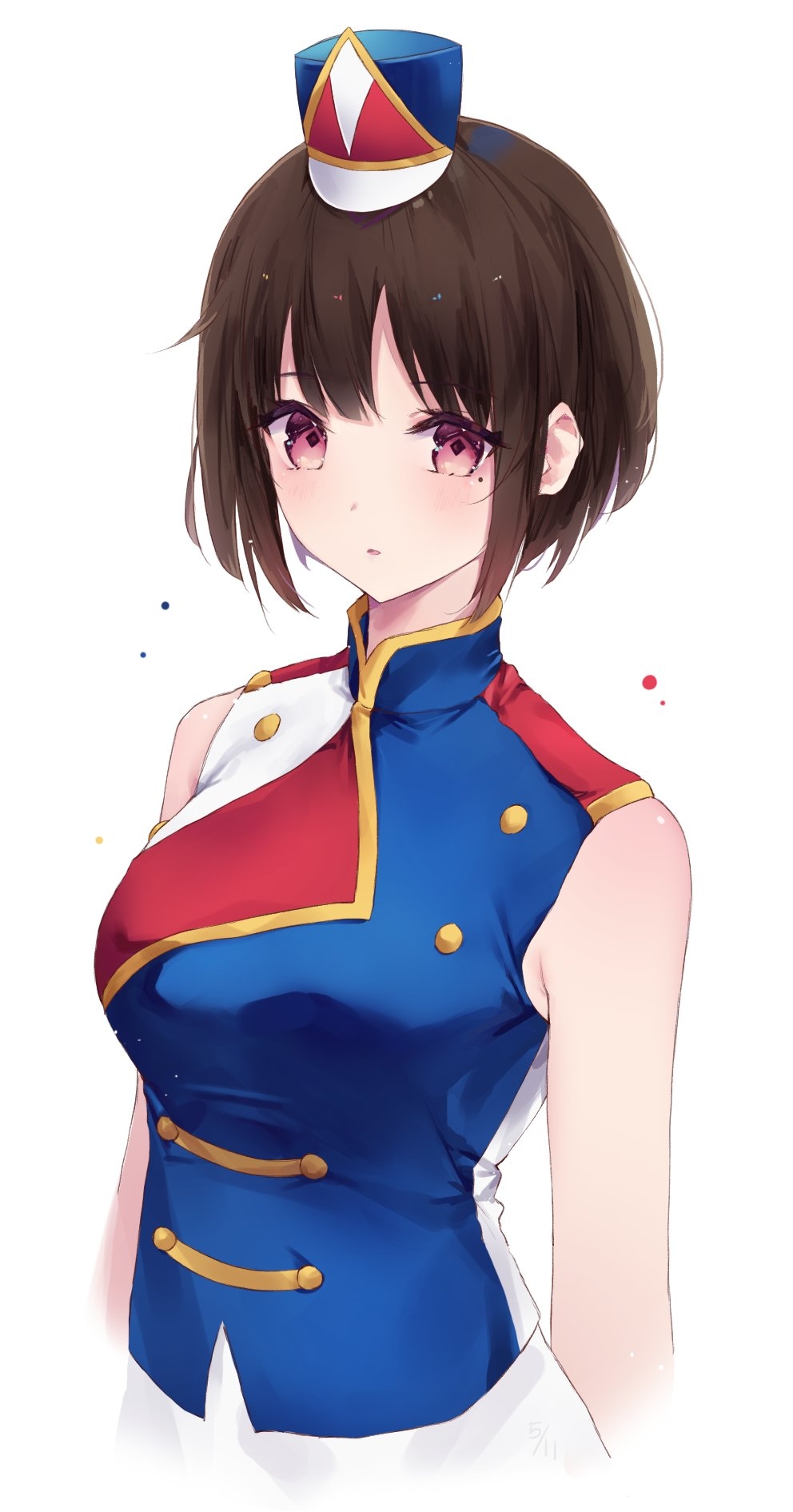 arms_at_sides band_uniform bangs blue_hat blush bodysuit breasts brown_hair dated double-breasted eyebrows_visible_through_hair hat hibike!_euphonium highres medium_breasts mini_hat mole mole_under_eye nakaseko_kaori parted_lips pink_eyes purple_eyes shako_cap short_hair sleeveless solo symbol-shaped_pupils tareme tr_(hareru) uniform upper_body